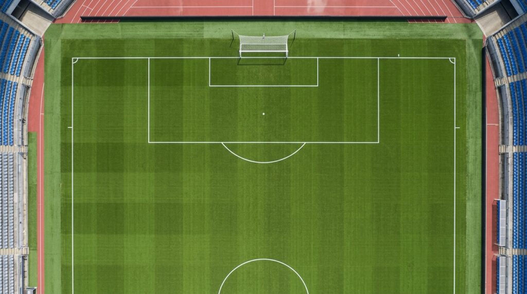 A stark top-down view of a completely empty football pitch, emphasizing the geometric lines of the penalty area.