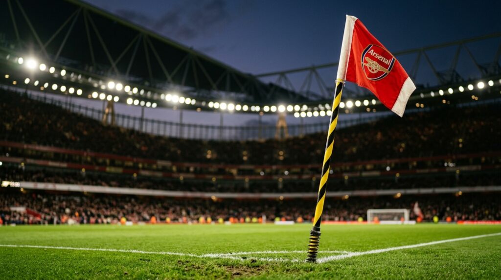 A low angle shot of a pristine corner flag at the Emirates Stadium with blurred stadium lights in the background.