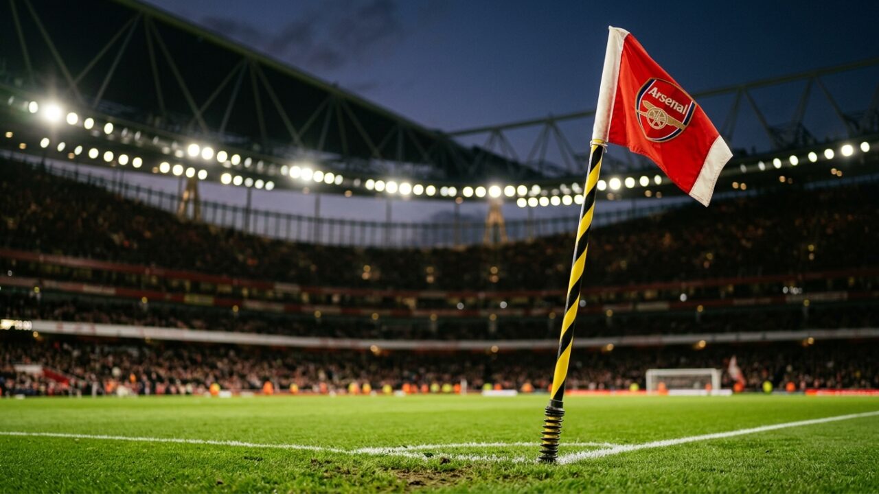 A low angle shot of a pristine corner flag at the Emirates Stadium with blurred stadium lights in the background.