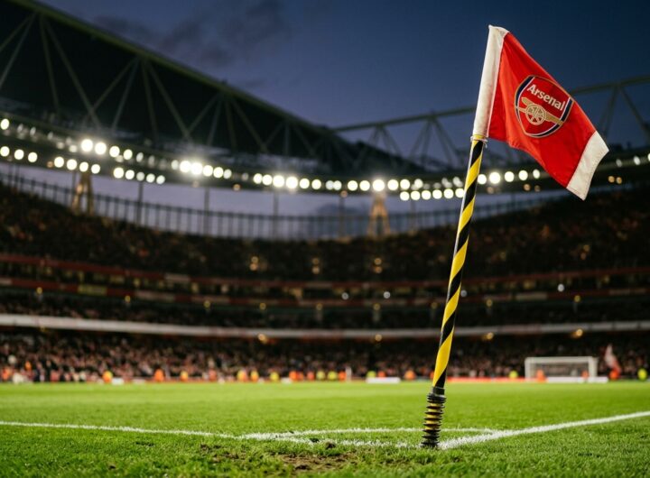 A low angle shot of a pristine corner flag at the Emirates Stadium with blurred stadium lights in the background.