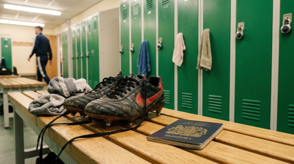 A passport resting on a locker room bench next to unlaced football boots.