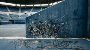 Scuff marks from tennis shoes clustered near the back wall of an empty stadium court.