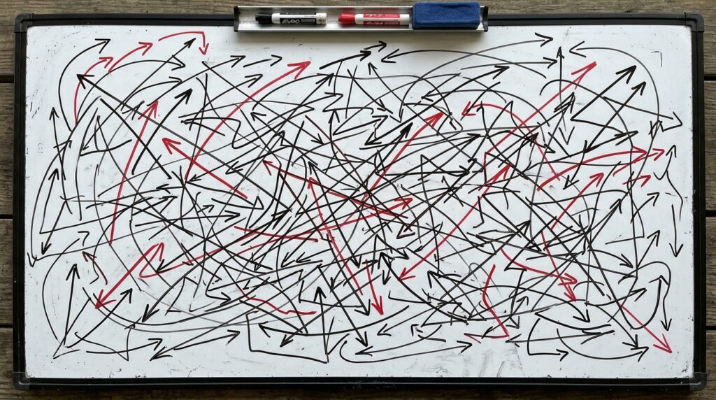 A stark top-down view of an empty tactical whiteboard covered in intersecting arrows.
