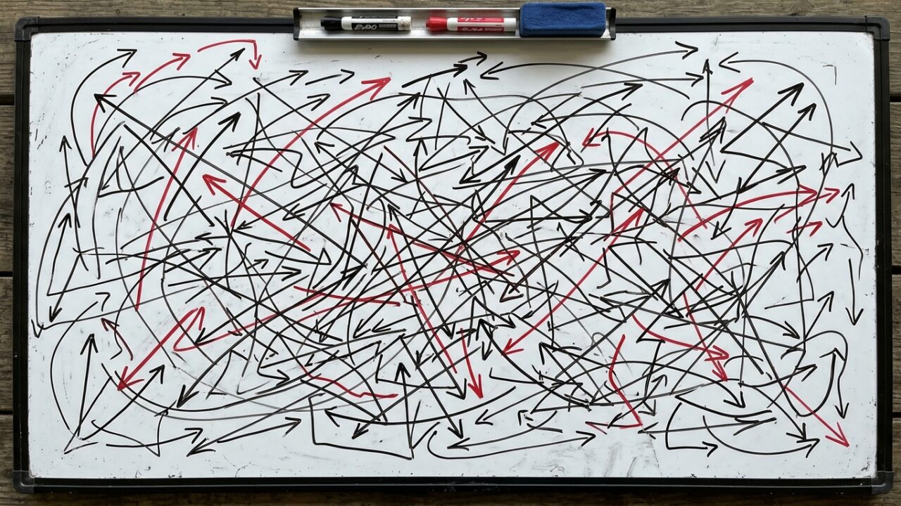 A stark top-down view of an empty tactical whiteboard covered in intersecting arrows.