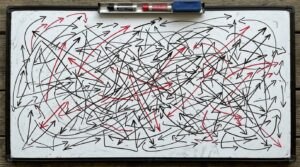 A stark top-down view of an empty tactical whiteboard covered in intersecting arrows.