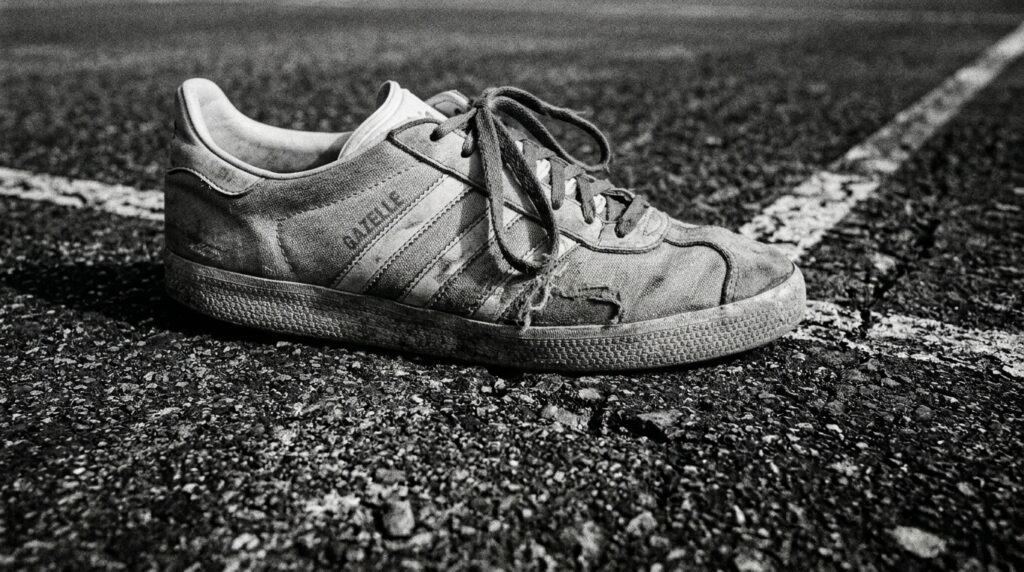 A close-up view of a worn tennis shoe heavily planted on a highly textured hard court, captured in stark monochrome.